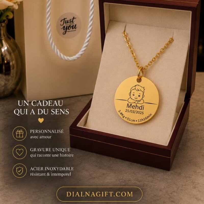 Collier Naissance Personnalisé Bébé – Gravure Nom, Date, Poids & Taille | Dialna Gift 3 Collier Naissance Personnalisé