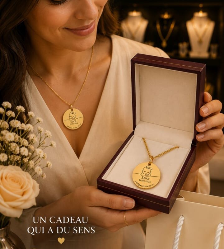 Collier naissance personnalisé gravé prénom bébé cadeau maman Maroc