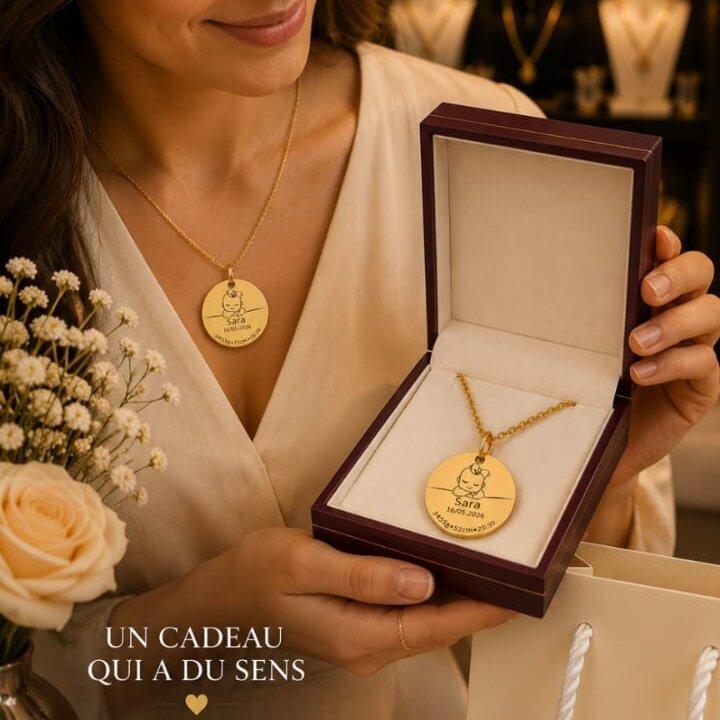 Collier Naissance Personnalisé Bébé – Gravure Nom, Date, Poids & Taille | Dialna Gift 4 Collier naissance personnalisé gravé prénom bébé cadeau maman Maroc